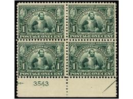 ** ESTADOS UNIDOS. Sc.328 (4). 1907. 1 Ctvo. Green, Block Of Four With Plate Number (3543), Never Hinged.... - Otros & Sin Clasificación