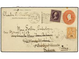 ESTADOS UNIDOS. 1902. SANTA BARBARA To FRANCE. 2 Cents Red Envelope Uprated With 3 Cents Lilac Stamp,... - Autres & Non Classés