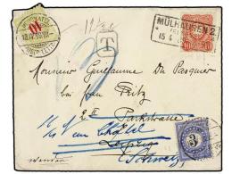 SUIZA. 1889. MULHAUSEN (Alemania) A LEIPZIG Y Reexpedido A SUIZA. 10 Pf. Rojo Tasada A La Llegada Con Sellos... - Otros & Sin Clasificación