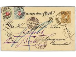 SUIZA. 1887. AUSTRIA A SUIZA. Entero Postal De 2 Kr. Castaño, Tasado A La Llegada Con Sellos Suizos... - Autres & Non Classés