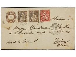 SUIZA. 1879. Envelope 5 Rp. Brown Uprated 5 Cts. Brown (2) And 10 Rp. Red Cancelled... - Autres & Non Classés