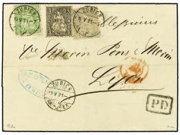 SUIZA. 1871 (May 19). Cover To Lyon Franked By 1867 25c. Green And 1862-64 2c. Grey And 3c.... - Autres & Non Classés