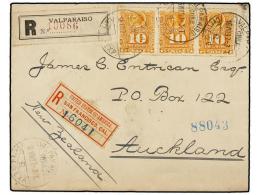 CHILE. Sc.29 (3). 1897. VALPARAISO A AUCKLAND (Nueva Zelanda). 10 Cts. Naranja, Tira De Tres. Carta... - Autres & Non Classés