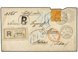 CHILE. Sc.29. 1894. SANTIAGO A MADRAS (India). Entero Postal De 10 Ctvos. Gris Con Franqueo Adicional De... - Autres & Non Classés