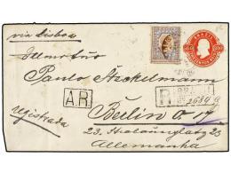 BRASIL. Sc.109. 1892. SANTOS A ALEMANIA. Entero Postal De 300 Reis Rojo Con Franqueo Adicional De 100... - Otros & Sin Clasificación