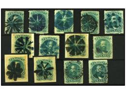 ° BRASIL. Sc.58 (13). 1866. 100 Reis Verde. 13 Sellos Con Matasellos Diversos. MUY BONITOS. - Other & Unclassified