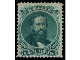 (*) BRASIL. Sc.58b. 1866. 100 Reis Verde PAPEL AZULADO Con Goma No Original. RARO. Cat. 1.000$. - Sonstige & Ohne Zuordnung