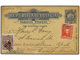 BOLIVIA. 1908. ORURO A NEW YORK. Entero Postal De 2 Cts. Azul Con Franqueo Adicional De 1 Ctvo. Y... - Otros & Sin Clasificación