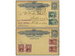 BOLIVIA. 1908. ORURO A HOLANDA. Entero Postal Doble De 2 + 2 Ctvos. Azul Con Franqueo Adicional De 2... - Andere & Zonder Classificatie