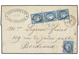 ARGENTINA. 1873. BUENOS AIRES To BORDEAUX With Strip Of 3 Plus Single French 25c Ceres Types Tied By... - Other & Unclassified