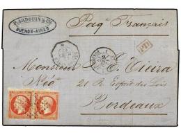 ARGENTINA. 1867. BUENOS AIRES A FRANCIA. Circulada Con Dos Sellos Franceses De 80 Cts. Rosa, Mat.... - Otros & Sin Clasificación