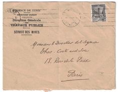 192? - LETTRE AFFRANCHIE À 50c ENTETE REGENCE DE TUNIS PROTECTORAT FRANCAIS SERVICE DES MINES TUNISIE POUR PARIS - Covers & Documents