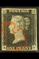 1840  1d Black 'RD' Plate 1b, SG 2, Used With 4 Margins & Pretty Red MC Cancel Over One Corner. For More... - Unclassified