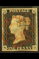 1840  1d Black 'ND' Plate 7, SG 2, Very Fine Used With 4 Margins & Near- Complete Lightly Struck Red MC... - Unclassified