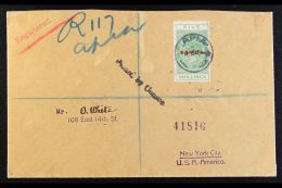 1915 (OCT)  Registered Censored Cover To New York Bearing 1914-24 5s Yellow-green Postal Fiscal, Perf 14, SG 124,... - Samoa