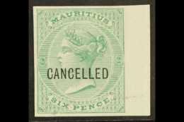 1863  6d Blue-green De La Rue (SG 65) IMPERF PLATE PROOF Overprinted "Cancelled" On White Surfaced Paper With 4... - Maurice (...-1967)