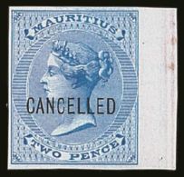 1863  2d Bright Blue De La Rue (SG 60) IMPERFORATE PROOF OPT'D "CANCELLED" On White Card With 4 Good Margins... - Maurice (...-1967)