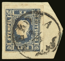 LOMBARDY VENETIA  NEWSPAPER STAMPS 1858 (1,05s) Deep Blue, Sass 8b, Superb Used On Piece With Complete Scrolled... - Sin Clasificación