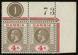 1922  4s Black And Red With WATERMARK INVERTED (SG 117w) A Spectacular Pair From The Upper- Right Corner Showing... - Gambia (...-1964)