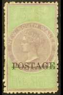 NEW SOUTH WALES  1885-86 5s Lilac And Green Perf 12 X 10, Opt'd "POSTAGE" In Black, SG 238b, Mint Good Part OG.... - Other & Unclassified