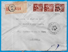 Lettre Recommandée Déposée à PARIS Rue De Lourmel - Affranchissement Avec Type IRIS (n° 653 YT X 3) En 1945 - Other & Unclassified