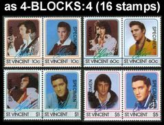 ST.VINCENT 1985 Elvis Ovpt.SPECIMEN Se-tenant 4-BLOCKS:4 (16 Stamps) [spécimen,Muster,muestra,saggio] - Elvis Presley