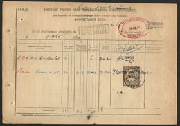 ALWAR  State  1A  Chocolate Postally Used  Revenue Type 34  On Acquittance Roll  #  97183  Inde Indien  Fiscaux India - Alwar