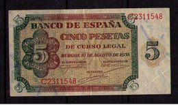 BILLETE DE 5 PESETAS DE 10 DE AGOSTO DE 1938 BURGOS - MUY BONITO - 5 Peseten