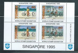 Tonga 1995 Singapore Stamp Exhibition 2 Joined Pairs As Marginal Block Of 4 From Base Of Sheet MNH Specimen Overprint - Tonga (1970-...)