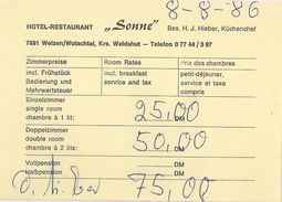 HOTEL-RESTAURANT 'SONNE' - WEIZEN/WUTACHTAL - (Note D'hotel - 1986) - 1950 - ...