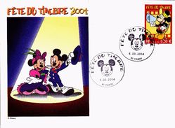 Fête Du Timbre 2004 - Mickey Carte Postale Et Enveloppe Oblitération 1er Jour 80-Camon Du 06/03/2004 (B85) - 2000-2009