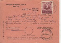 I. P. PAVLOV, STAMPS ON CONFIRMATION OF RECEIPT, REGISTERED, 1953, ROMANIA - Brieven En Documenten