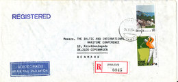 Greece Registered Cover Sent To Denmark Piraieus 14-3-1980 GOLFPLAYER On One Of The Stamps - Covers & Documents