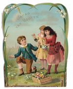 GRANDE CHROMO IMAGE CACAO VAN HOUTEN 11X14.5 ENFANTS RAMASSANT DES FLEURS DOS ABIME - Van Houten