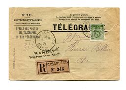 !!! PRIX FIXE : MAROC, RARE TELEGRAMME RECOMMANDE DE 1921 AVEC PERCEPTION DE TAXE (3 SCANS) - Brieven En Documenten