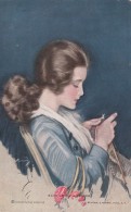 Harrison Fisher Artist Signed 'Each Stitch A Prayer' Beautiful Woman Knitting C1900s/10s Vintage Postcard - Fisher, Harrison