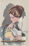 Harrison Fisher Artist Signed 'Somewhere In France' Beautiful Woman Looks At Globe C1910s Vintage Postcard - Fisher, Harrison