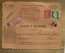 Valeurs à Recouvrer Recommandé BNC Montereau à Sceaux Du Gatinais Tp Pasteur 171 & Semeuse 201 CAD 19-09-1925 - 1921-1960: Moderne