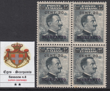 ITALIA - EGEO - Scarpanto N.8 - Quartina (Block Of 4) MNH** - Gomma Integra  SUPER CENTERED - Egeo (Scarpanto)