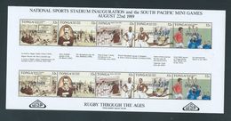Tonga 1989 Pacific Games Stadium Set Of Strips Of 5 X 2 In Full Sheets MNH Specimen Overprints - Tonga (1970-...)