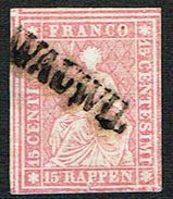 TIMBRE OBLITERE 1854 FIL DE SOIE VERT C/.S.B.K. Nr:24A. Y&TELLIER Nr:28c. MICHEL Nr:15Ib.PAPIER MINCE. - Used Stamps