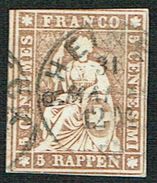 TIMBRE OBLITERE 1857 FIL DE SOIE NOIR C/.S.B.K. Nr:22D. Y&TELLIER Nr:26b. MICHEL Nr:13IIBys. PAPIER MOYEN - Used Stamps