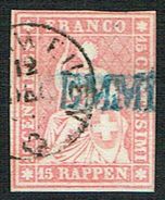 TIMBRE OBLITERE 1857 FIL DE SOIE BLEU C/.S.B.K. Nr:24D. Y&TELLIER Nr:28a. MICHEL Nr:15IIByp. PAPIER MOYEN - Used Stamps