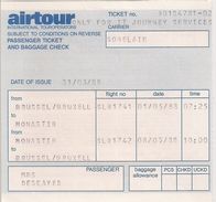 AIRTOUR - TICKET PASSAGER Et CONTRÖLE BAGAGE (Bruxelles-Monastir) - 1988 - Mundo