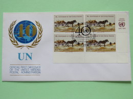 United Nations (New York) 1985 FDC Cover 40 Anniv - Horse Cart - Corner Block (Scott #448 X4 = 3.40 $) - Cartas & Documentos