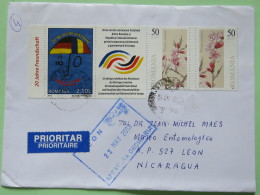 Romania 2013 Cover Bucharest To Nicaragua - Flowers - Flags Romania - Germany Treaty + Label - Cartas & Documentos