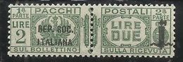 ITALIA REGNO ITALY KINGDOM 1944 RSI REPUBBLICA SOCIALE PACCHI FASCIETTO LIRE 2 MNH FIRMATO SIGNED - Pacchi Postali