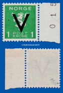 1941  NORWAY  "V" OVERPRINT 1 KR. GREEN MOUNTED ON MARGIN  SIGNED Ebel ON BACK FACIT 294  U.M. - Ongebruikt