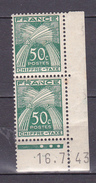 N° 69 Timbres Taxes Type Gerbes: 50c Vert Très Foncé:  Une Paire De 2 Timbres Coins Datés 16.7.43 - Taxe