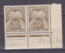 N° 77 Timbres Taxes Type Gerbes: 20FBrun-Lilas Une Paire De 2  Timbres Coins Datés 25.3.46 - Taxe